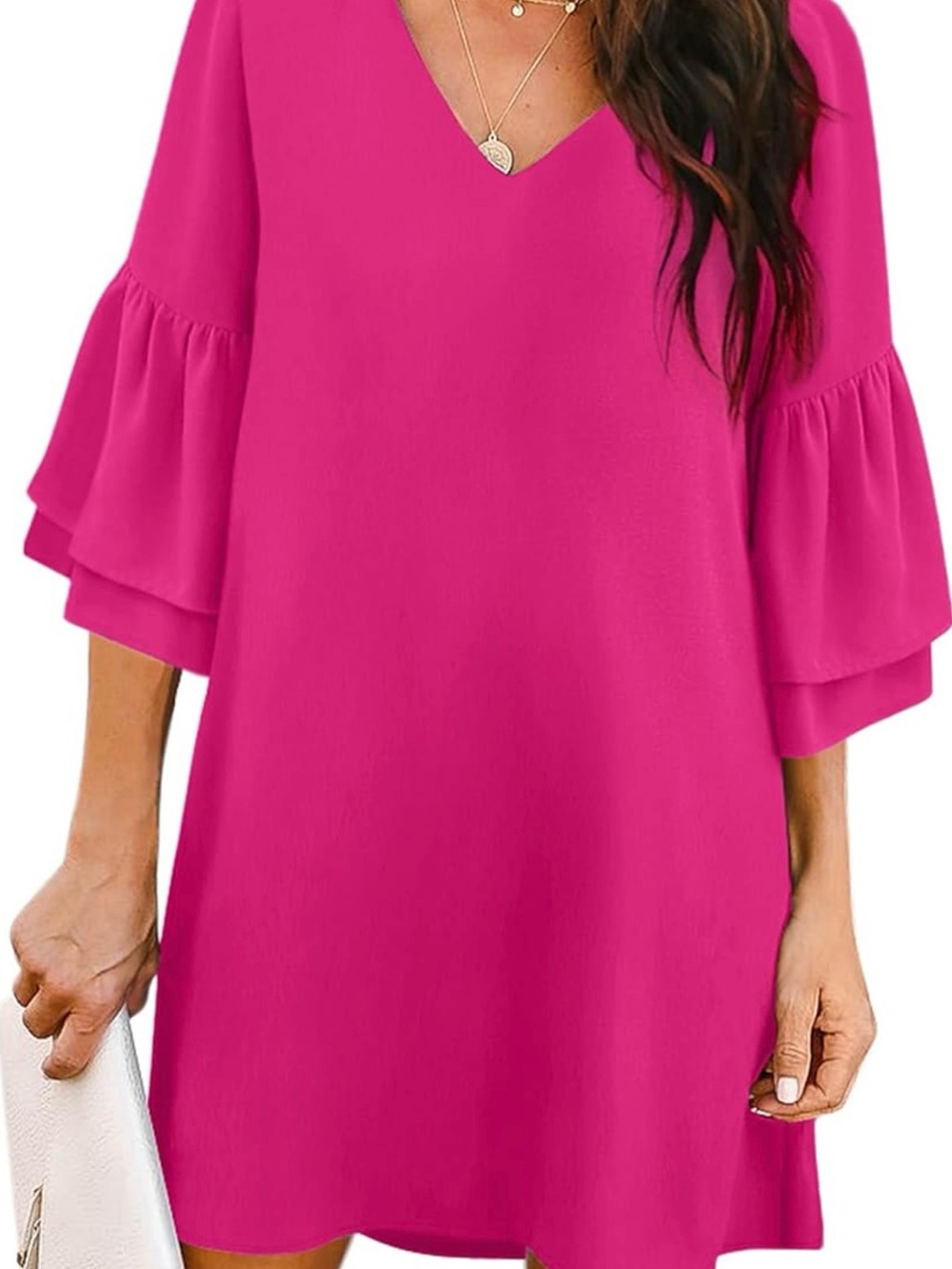 BELONGSCI Women's Dress Sweet & Cute V-Neck 3/4 Bell Sleeve Swing Dress Size M